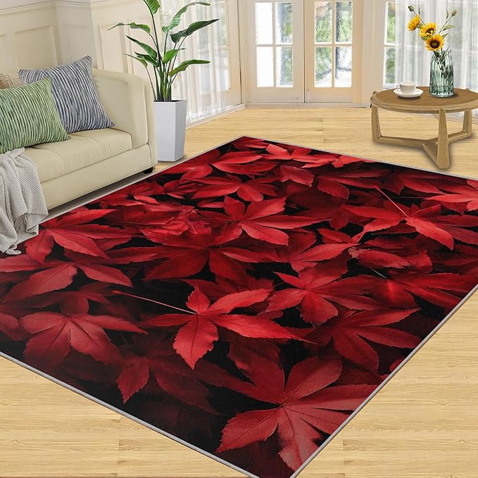 Maple Leaves Living Room Rugs, Red Leaves Area Rugs 5x6 Rug Canada Maple Leaf Non-Slip Washable Rugs Stain Resistant Rug Low-Pile Throw Rug for Bedroom Dining Room Office