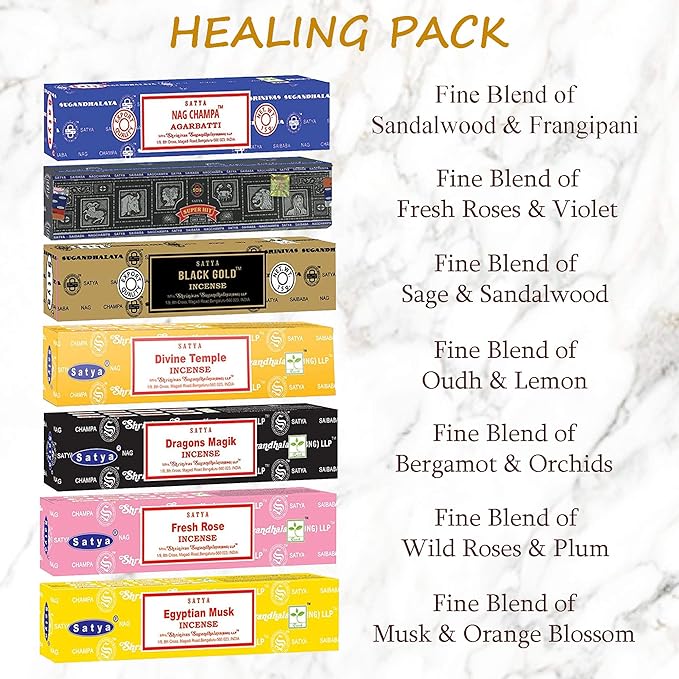 Satya Incense Sticks Gift Set, 7 Scents, Nag Champa, Super Hit, Dragon's Blood, Sandalwood, Patchouli, Lavender, Positive Vibes, 15g Each (Healing Mix)