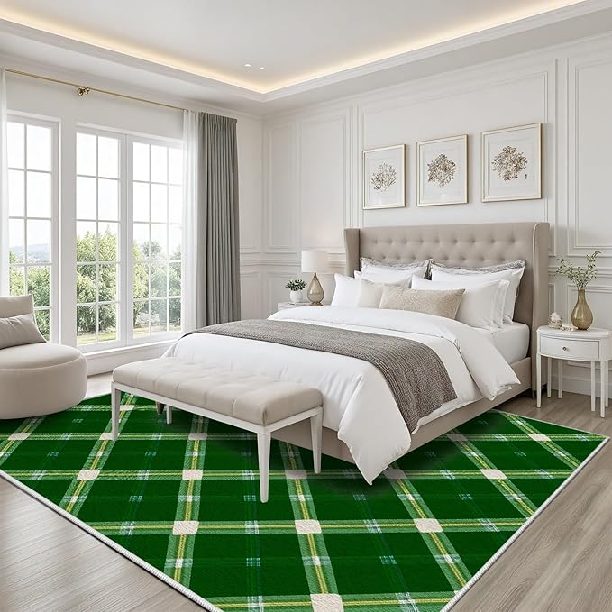 Plaid Rug - 2x3 Rug for Living Room, Geometric Stripes Soft Neutral Indoor Floor Carpet, Non-Slip Stain Resistant Modern Washable Rugs for Bedroom, Green Area Rugs