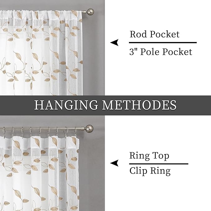Tollpiz Taupe Leaf Sheer Curtains Leaves Embroidered Bedroom Curtain Rod Pocket Voile Window Treatment for Living Room, 54 x 84 inches Long, Set of 2 Panels