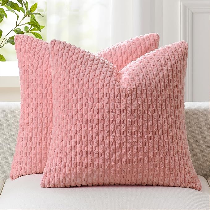 Kevin Textile Valentines Day Decorative Pillow Covers Set of 2 Striped Plush Corduroy Pillows Pillowcases Boho Home Decor Cushion Covers for Couch Sofa Bed Living Room 26x26 Inch, Dark Pink
