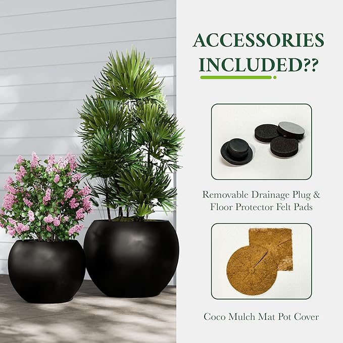 DTY Signature Mount Sherman 19.7''D x 21.7''H Modern Indoor Outdoor Fiberstone Sphere Planter, Durable Round Garden Pot, Weather Resistant, Drainage Hole & Rubber Plug - Large, Black