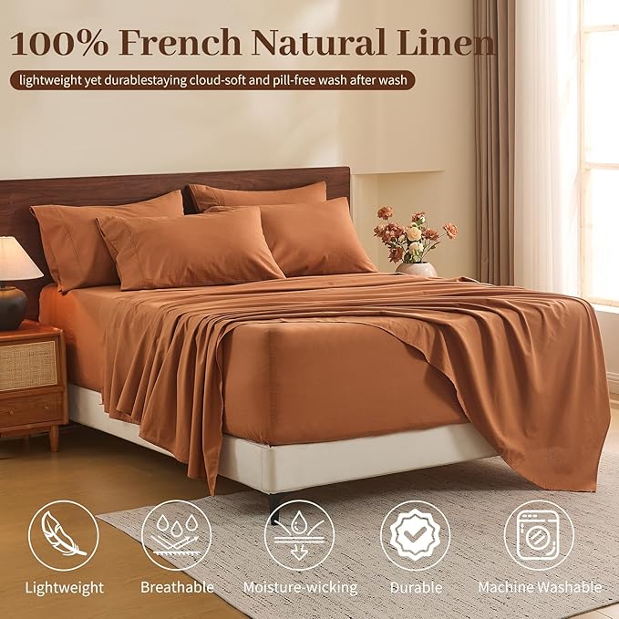 MEISHANG 100% French Pure Linen Sheets Queen Size - 6 PC Extra Deep Pocket Sheet Set, Soft Durable Flax Linen, Anti-Tear Breathable & Oeko-Tex Certified 18-24 Deep Pocket,All Season(Orange)