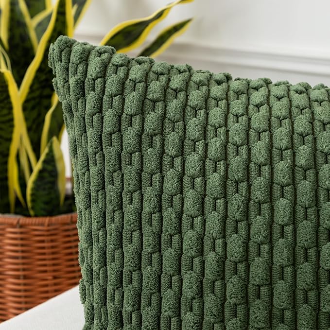 Kevin Textile Throw Pillow Covers Soft Corduroy Decorative Set of 2 Boho Striped Pillow Covers Pillowcases Farmhouse Home Decor for Couch Bed Sofa Living Room 18x18 Inch Moss Green