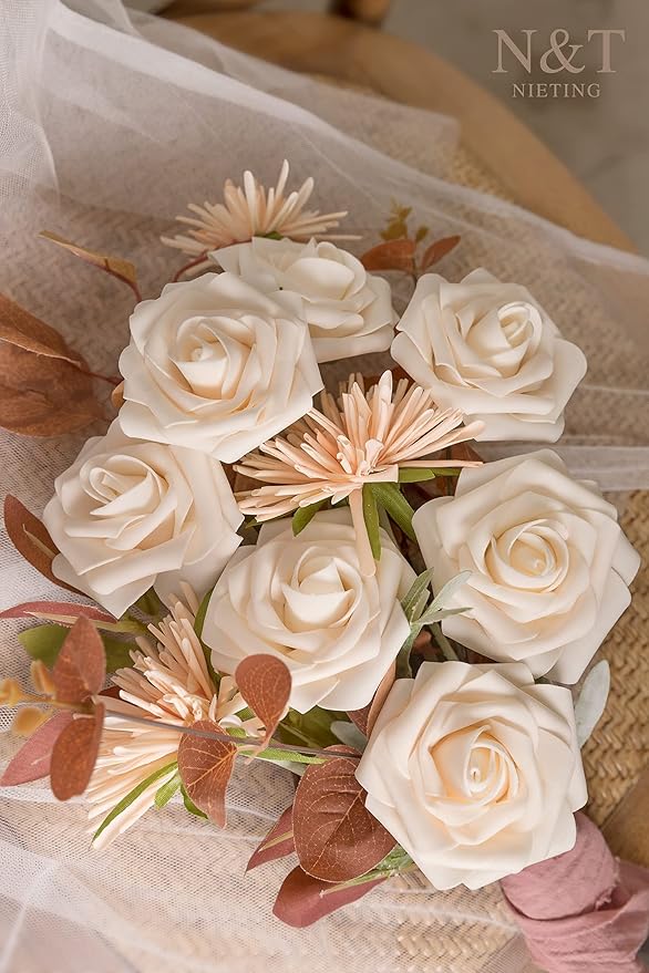 N&T NIETING Artificial Flowers, 25pcs Fake Flowers Bulk Perfect for DIY Fall Wedding Bridesmaid Bridal Bouquets Centerpieces Party Home Flower Arrangement Decoration, Cream Roses
