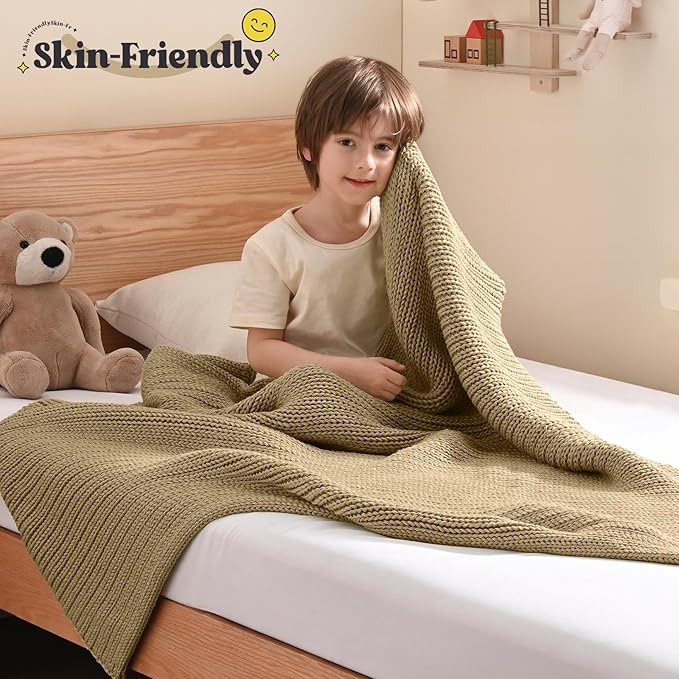 Guohaoi Knitted Weighted Blanket Kids (Beige 50"x60" 10lbs) No Beads Cooling Heavy Blanket, Home Decor Breathable Chunky Knit Throw Blanket for All-Season Use