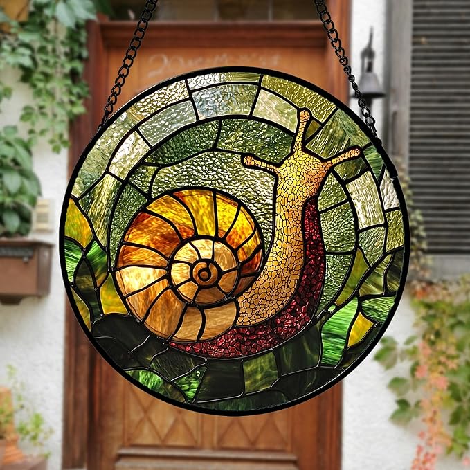 Stained Glass Window Hanging, Green Orange Snail Sun Catcher for Door Home Decor Suncatcher Christmas Mother's Day Birthday Gifts for Women Men Mom and Nana 6.3 in