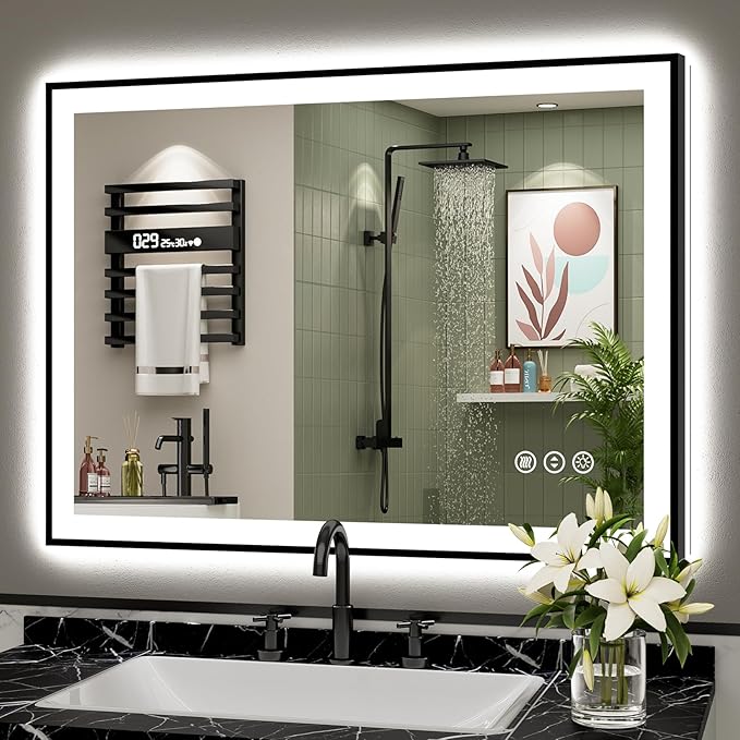 40x30 Black Framed LED Bathroom Mirror with Lights, Backlit + Front Lit, Anti-Fog Lighted Vanity Mirror for Bathroom Wall with 3 Colors, Dimmable, Memory, Tempered Glass, Horizontal/Vertical