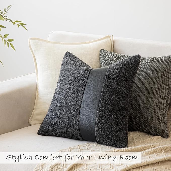20"x20" Charcoal Black Boucle Throw Pillow Covers with Faux Leather Accents Set of 2 Fluffy Textured Decorative Pillow Cases for Couch Bed Boho Farmhouse Square Cushion Covers for Nordic Home