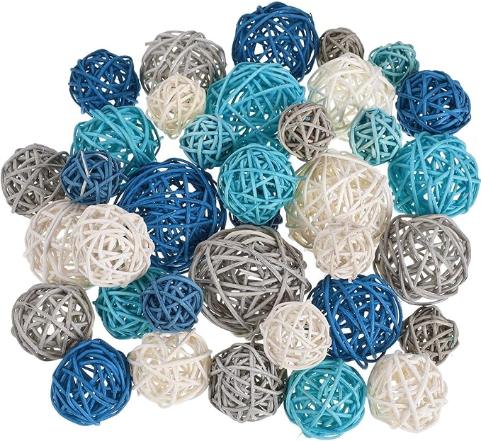 Patelai 36 Pcs Wicker Rattan Balls Decorative Balls for Vase Centerpiece Bowls Orbs Filler for Home Decor,4 Sizes(Dark Blue, Sky Blue, Gray, White)