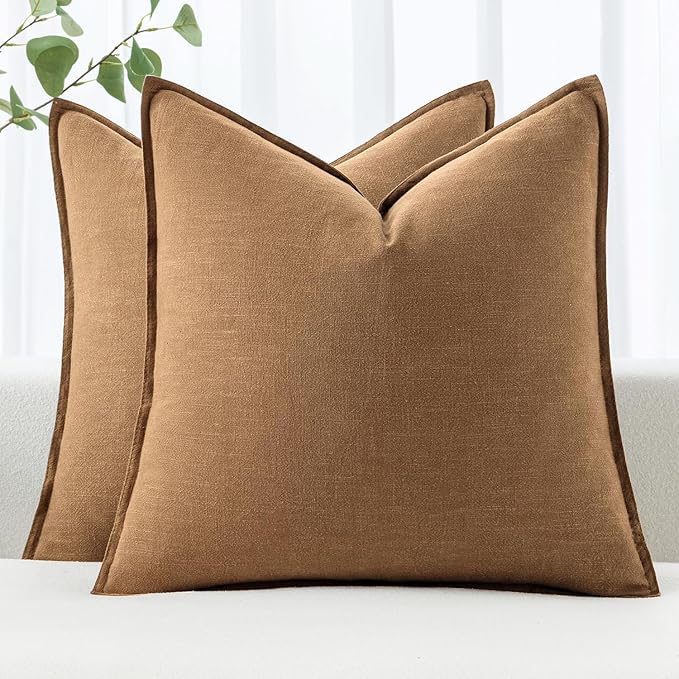 MIULEE Decorative Linen Euro Sham Pillow Covers 26x26 Brown Boho Farmhouse Neutral Couch Throw Pillows for Bed Pack of 2 Accent Modern Pillowcase Sofa Livingroom Home Decor