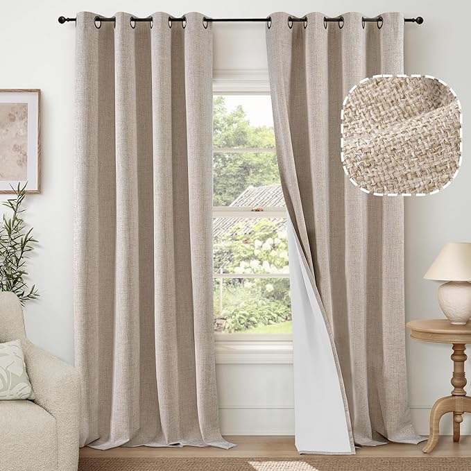 Lajode Beige 100% Blackout Curtains for Living Room 90 Inch Length 2 Panels Set, Thermal Insulated Light Blocking Faux Linen Curtains for Bedroom, Bronze Grommet Boho Window Drape Each 52" Wide