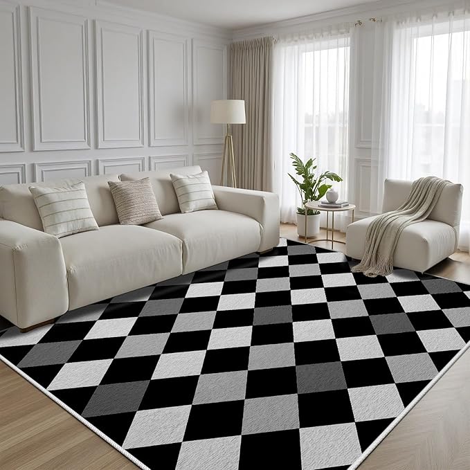 Black and White Rug 7x9, Rhombus Geometric Soft Ultra Soft Faux Wool Low Pile Rug, Indoor Floor Mats Carpet, Non-Slip Stain Resistant Washable Rugs, Modern Abstract Checkered Rugs for Living Room