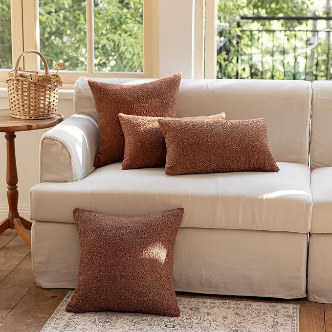 GEEORY Decorative Throw Pillow Covers 22x22 Inch Pack of 2,Textured Boucle Neutral Cushion Cases for Bed Couch Sofa, Accent Mordern Farmhouse Minimalist Home Decor (Tobacco Brown) GE06-22