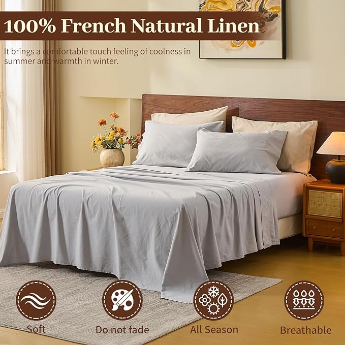 MEISHANG 100% French Pure Linen Sheets Queen Size - Bed Sheets 4 Piece Sets, Soft Durable Flax Linen, Anti-Tear Breathable Oeko-Tex Certified with 16" Deep Pocket (Silver Grey)