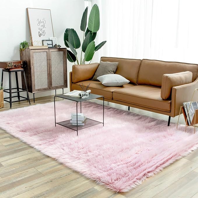 Ashler Faux Fur Rug, Fluffy Shaggy Area Rug Ultra Soft 6 x 9 Feet Rectangle Fur Rug Frosted Bottom Pink Fuzzy Rug Machine Washable Shag Rug, Nursery Decor Throw Rugs for Bedroom, Living Room