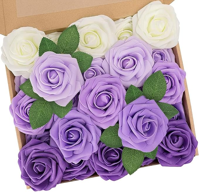N&T NIETING Artificial Flowers, 25pcs Fake Flowers Rose with Stems Perfect for DIY Wedding Bridesmaid Bridal Bouquets Centerpieces Home Flower Arrangement Decoration, Series Purple