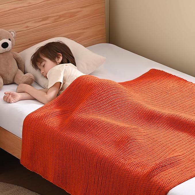 Guohaoi Knitted Weighted Blanket Kids (Orange 40"x60" 10lbs) No Beads Cooling Heavy Blanket, Home Decor Breathable Chunky Knit Throw Blanket for All-Season Use