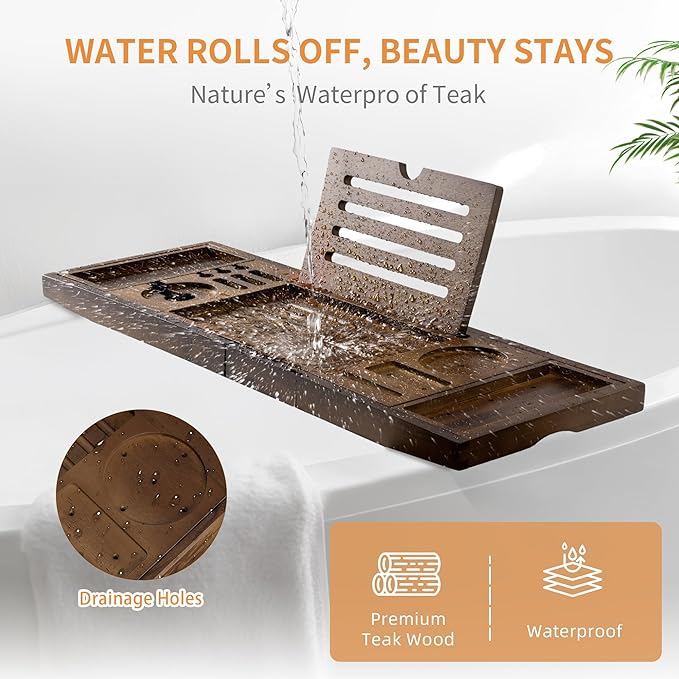 Wood Bathtub Tray Table - Foldable Bath Tray for Tub with Expandable Handles, Wine Glass & Phone Holder, Book Stand - Enhance Home Spa Experience with Natural TeakMaterial, Walnut