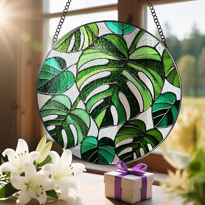 Stained Glass Window Hanging, 8 Inch Monstera Plant Stained Glass Suncatcher, Plant Sun Catcher, Plant Lover Decor, Plant Lover Gifts, Mother's Day, Birthday, Housewarming, Christmas, Festival Gifts