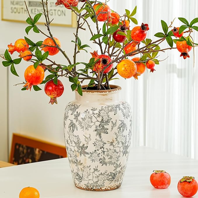 Sungmor Ceramic Flower Vase, Vintage Ice Cracked Glaze Porcelain Vase, Pretty Home Decor Vase for Flower Arrangement, Fresh Flowers, 10.2 Inch Tall Chinoiserie Pottery Vase, Gray Floral Pattern