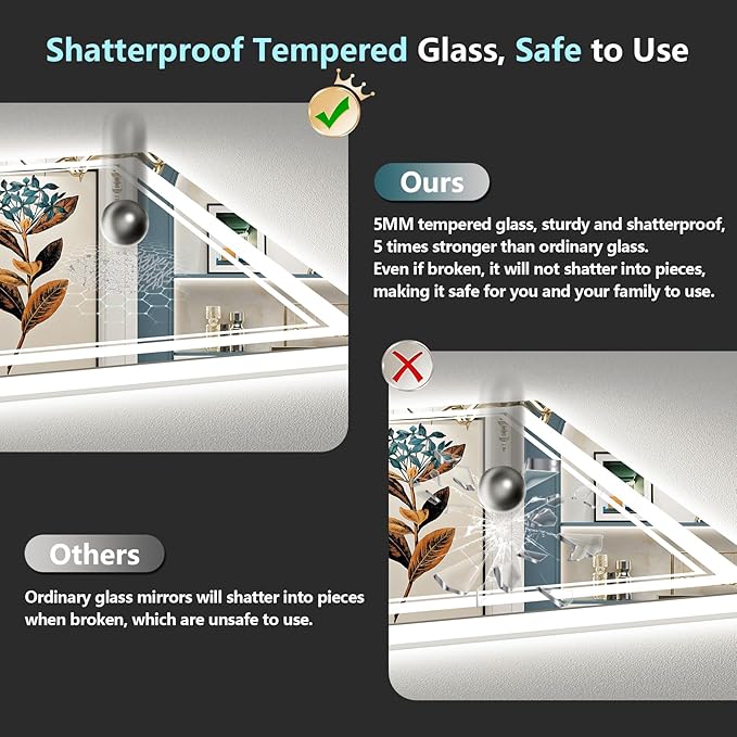 50x40 LED Bathroom Mirror with Lights, Backlit and Front Lit, Anti-Fog Lighted Vanity Mirrors for Bathroom Wall, Dimmable, 3-Color Light, Memory, Shatter-Proof, HD Tempered Glass, CRI＞90