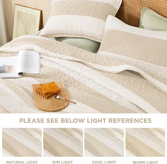 Litanika Quilt Queen Size Beige, Stripe Patchwork Summer Bedspread Coverlet 3 Pieces, Soft Lightweight Microfiber Quilted Bedding Set for All Season(1 Quilt, 2 Pillowcases)