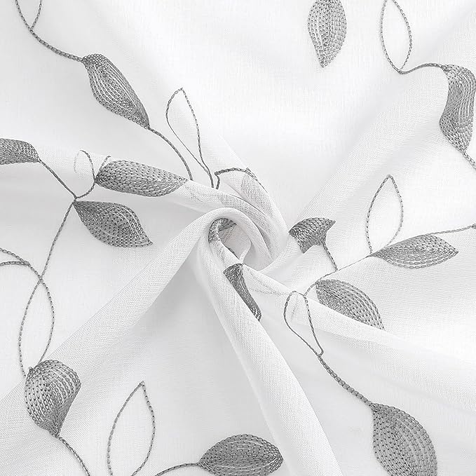 Tollpiz Grey Leaf Sheer Curtain Leaves Embroidered Bedroom Curtains Rod Pocket Voile Window Treatment for Living Room, 54 x 95 inches Long, Set of 2 Panels
