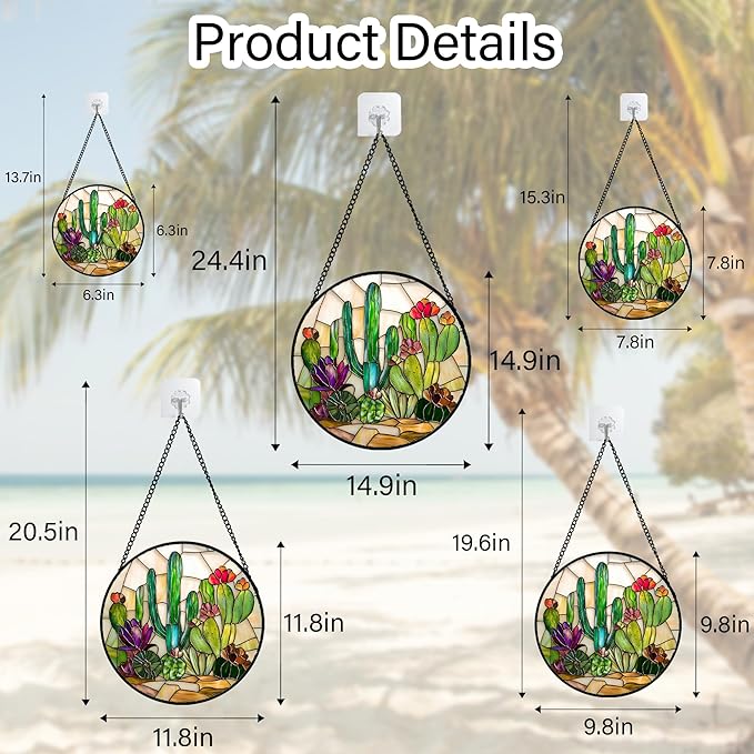 DASTOLL Stained Glass Window Hanging, White Green Cactus Suncatcher Diamond Glass Panel Hangings Sun Catchers Decor for Birthday for Women, Men, Wife, Aunt, and Mom 14.9x14.9 in