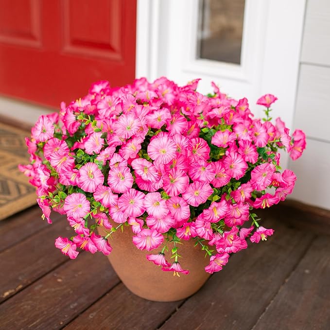 HyeFlora Artificial Flowers for Outdoors Fake Plants Outside Decoration, 12 Bundles Silk Pink Morning Glory with Eucalyptus UV Resistant Look Real Faux Flowers for Planter Front Door Yard Gardens Home