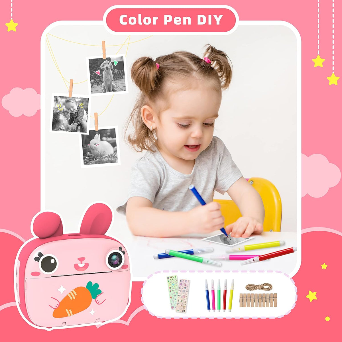 CAMCLID 2.5K 32GB 1080P 3-12 Kids Instant Camera - Instant Print Camera with No Ink, Card, Selfie & Video, Pink Toy