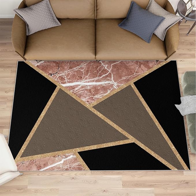 Black Gold Marble Rug Modern Geometric Marble Area Rug Mid-Century Minimalist Geometric Rugs Vintage Crackle Carpet Washable Non-Slip Carpet for Bedroom 5x6ft