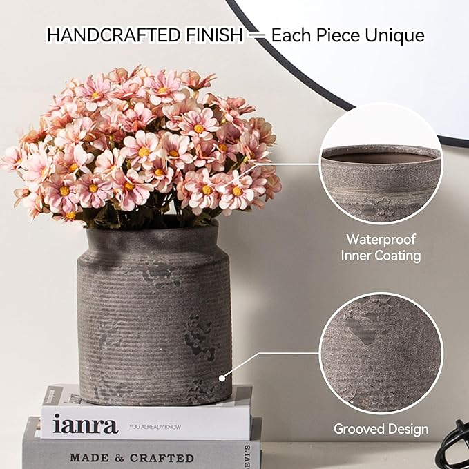 Ceramic Flower Vase 6.5 inch Farmhouse Rustic Vase for Home Decor Handcrafted Pottery Vase Small Terracotta Vases for Dining Table Fireplace Living Room Bathroom Wedding Centerpiece (02-Dark Brown)