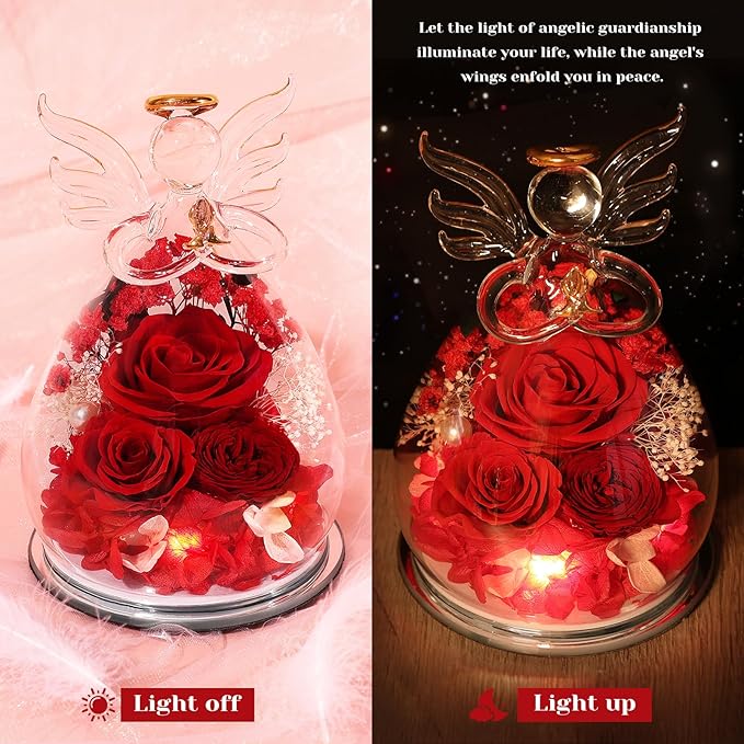 Gifts for Women Preserved Rose Forever Flower in Glass Angel Figurines Fresh Flowers for Delivery Prime Mothers Day Birthday Gifts for Mom Real Red Roses for Grandma Sister Wife Her from Daughter