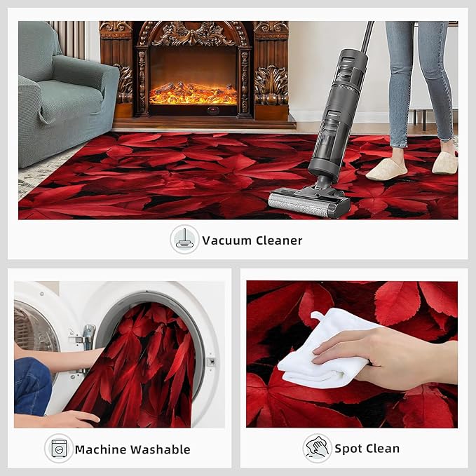 Maple Leaves Living Room Rugs, Red Leaves Area Rugs 4x6 Rug Canada Maple Leaf Non-Slip Washable Rugs Stain Resistant Rug Low-Pile Throw Rug for Bedroom Dining Room Office