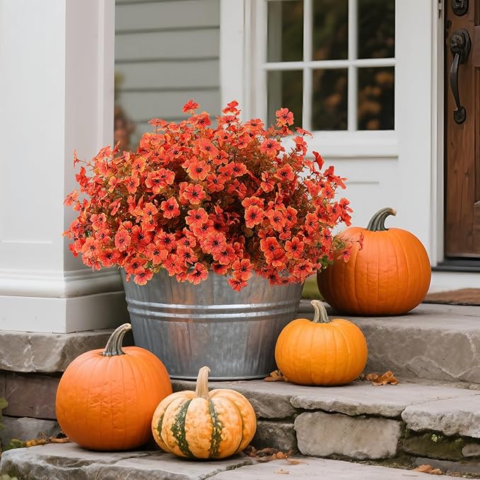 Hananona 24 Pcs Artficial Outdoor Flowers with Hanging Baskets, Orange Fall mums 2 Pack Hanging Planter with Outdoor Fall Flowers for Autumn Porch Garden and Home Patio Yard Decor (2, Orange)