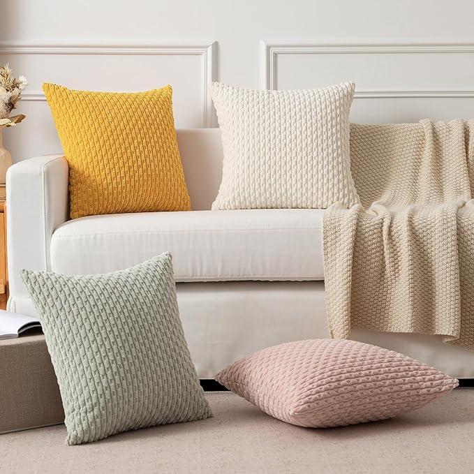Kevin Textile 2 Packs Decorative Throw Pillow Covers for Couch Striped Velvet Boho Cushion Covers for Chair 40x40 cm 16 x 16 Inch Yellow