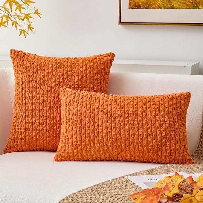 Kevin Textile Fall Pack of 2 Corduroy Decorative Throw Pillow Covers 12x20 Inch Soft Boho Striped Pillow Covers Modern Farmhouse Home Decor for Spring Sofa Living Room Couch Bed Orange