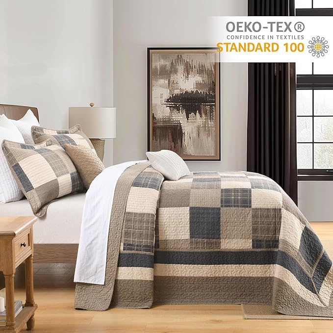 Finlonte 120"x120" Oversized King Bedspread - 100% Cotton Lightweight Quilted Bedspreads Coverlet Set, Farmhouse Plaid Bedding Reversible Oversized King Quilt with 2 Pillow Shams, Brown/Beige/Cream