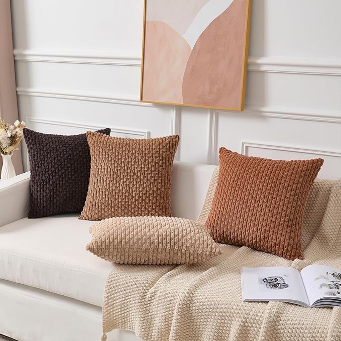 Kevin Textile Decorative Pillow Covers Set of 2 Striped Plush Corduroy Rectangle Lumbars Boho Home Decor Cushion Covers for Couch Sofa Bed Living Room 12x20 Inch, Burnt Orange