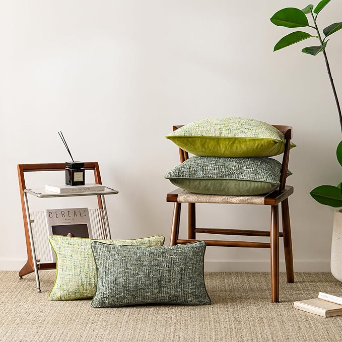 A Moment Christmas Dark Green Reversible Pillow Covers 2 Pack - Farmhouse Chenille Throw Pillows, Neutral Textured Decorative Throw Pillow Covers with Border for Couch Sofa Bed (20x20 Inch, No Insert)