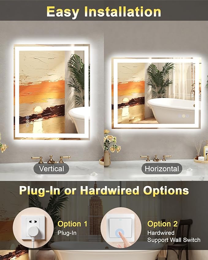 24"x 36" LED Bathroom Mirror with Front and Backlit, Wall Vanity Mirror with Lights, Controlled Separately LED Mirror for Bathroom, 3 Colors, Tempered Glass, Shatterproof, Anti-Fog, Memory(ETL)