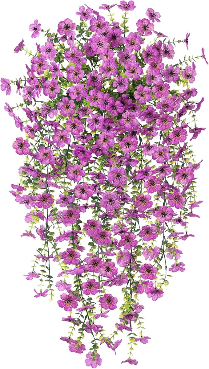 Artificial Hanging Flowers for Outdoors Faux Plants Decoration, 2 Packs Fake Silk Daisy Flower Realistic Outdoor Flowers UV Resistant Porch Patio Window Yard Outside Decor(Purple)