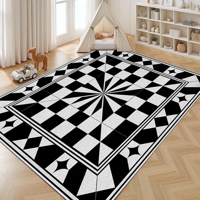 Black and White Checkered Rug, Checkered Rug, Modern Geometric Pattern Carpet, Retro Machine Washable Non Slip Area Rugs, Contemporary Rugs for Living Room/Bedroom 4x6