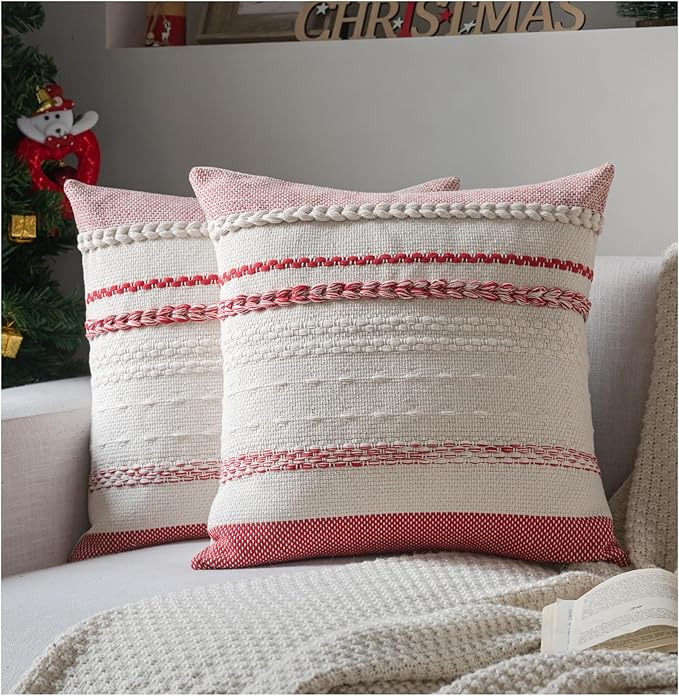 Valentines Pillow Covers 20x20 Inch Set of 2, Red Textured Boho Valentines Day Decoration Pillow Cases for Farmhouse Home Decor, Accent Cushion Cover for Sofa, Bed, Living Room, Bedroom