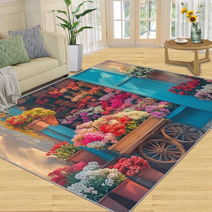 Pastoral Flowers 2x3 Area Rug Colorful Flower Shop Washable Rugs for Living Room Bedroom, Retro Wooden Door Soft Low Pile Non Slip Accent Floor Mat Print Throw Rug Indoor Carpet Dining Room Playroom