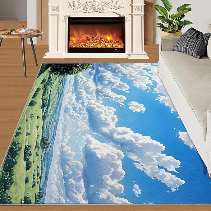 Sky and Clouds 5x6 Area Rugs for Living Room -Grassland and Pasture Washable Rug Rural Landscape Non-Slip Carpet Indoor Floor Stain Resistant Thin Carpets for Bedroom Dining Room Home Office