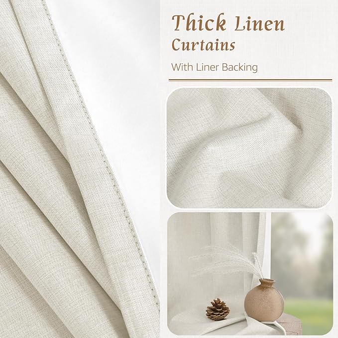 LAMIT Natural 100% Blackout Linen Curtains, 45 Inches Linen Textured Thermal Bedroom Curtains Back Tab and Rod Pocket Neutral Panels with White Liner for Farmhouse, 2 Panels, 38 x 45 Inch, Ivory