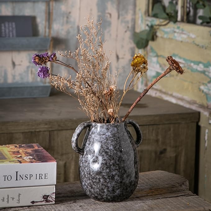 Black Ceramic Vase with 2 Handles, Modern Farmhouse Decor, Rustic Terracotta Pottery, Decorative Flower Vases, Clay Small Vase, Centerpiece for Dining Table - 7 Inch Tall