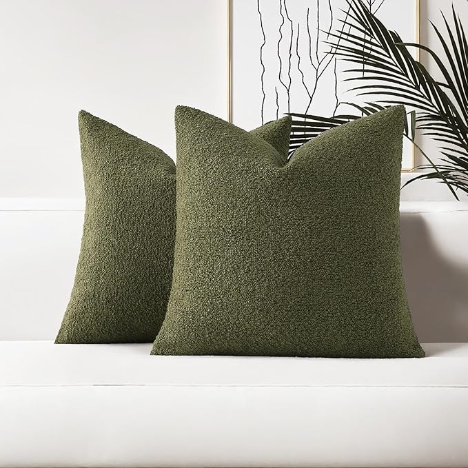 HAUSSY Set of 2 24x24 Decorative Throw Pillow Covers, Soft Cozy European Pillow Shams Textured Boucle, Home Decor for Couch Bed Living Room, Moss Green
